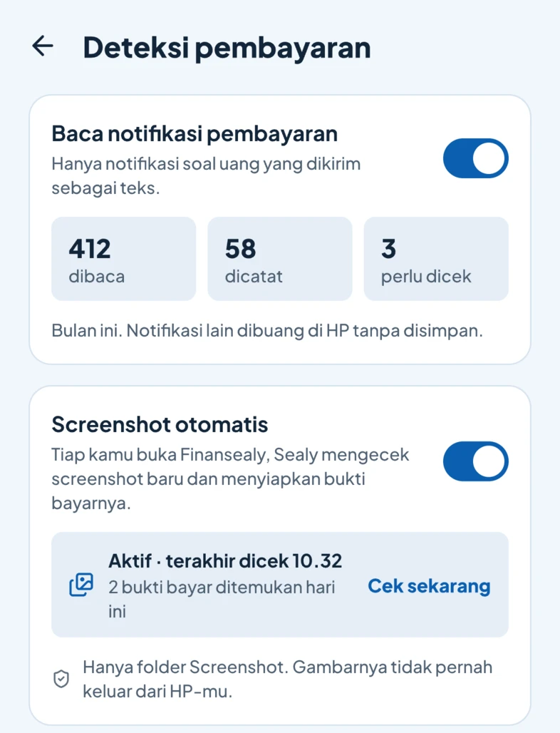 Pengaturan deteksi pembayaran: notifikasi yang dibaca dan dicatat bulan ini, dan screenshot otomatis yang mencari bukti bayar baru.