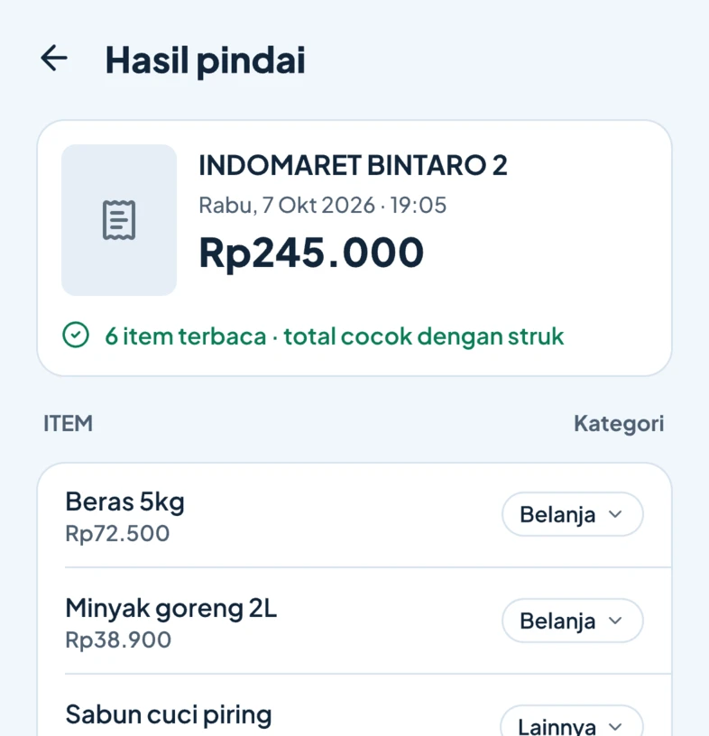 Hasil pindai struk Indomaret Rp245.000: enam item terbaca, masing-masing dengan kategorinya.