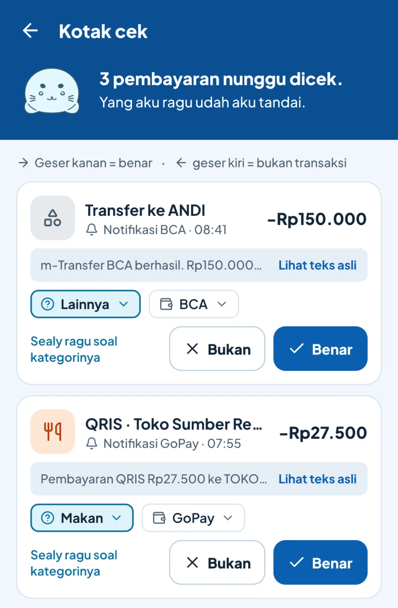 Review inbox: payments from BCA and GoPay notifications, each with a category, an account and a confirm button. What Sealy is unsure about is marked.