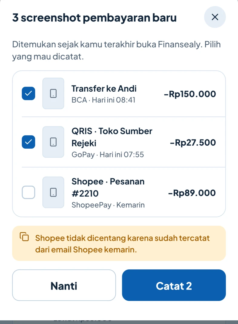 Three new payment screenshots found. Shopee is unticked because it was already logged from an email.