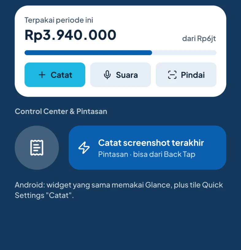 Widget layar utama dengan tombol Catat, Suara, dan Pindai, plus pintasan untuk mencatat screenshot terakhir.